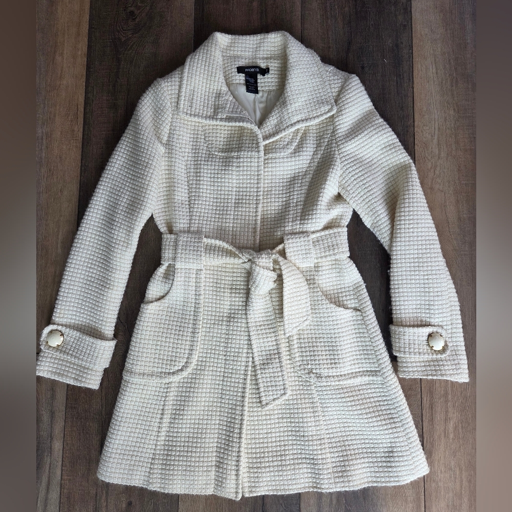 Arden B Ivory/Gold Waffle Wool Blend Pea Coat